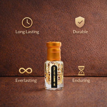 Small bottle with gold cap on a brown leather background, featuring durability and lasting qualities.