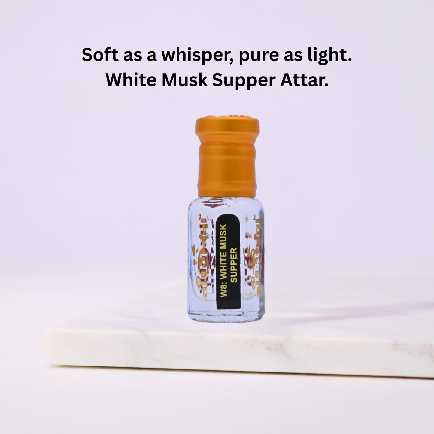White Musk Supper Attar bottle with text on a light background