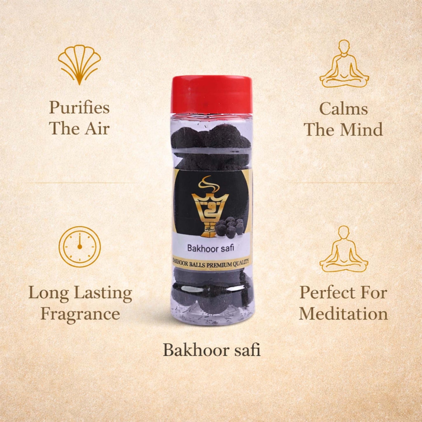 Bottle of Bakhoor safi with icons and text on a beige background