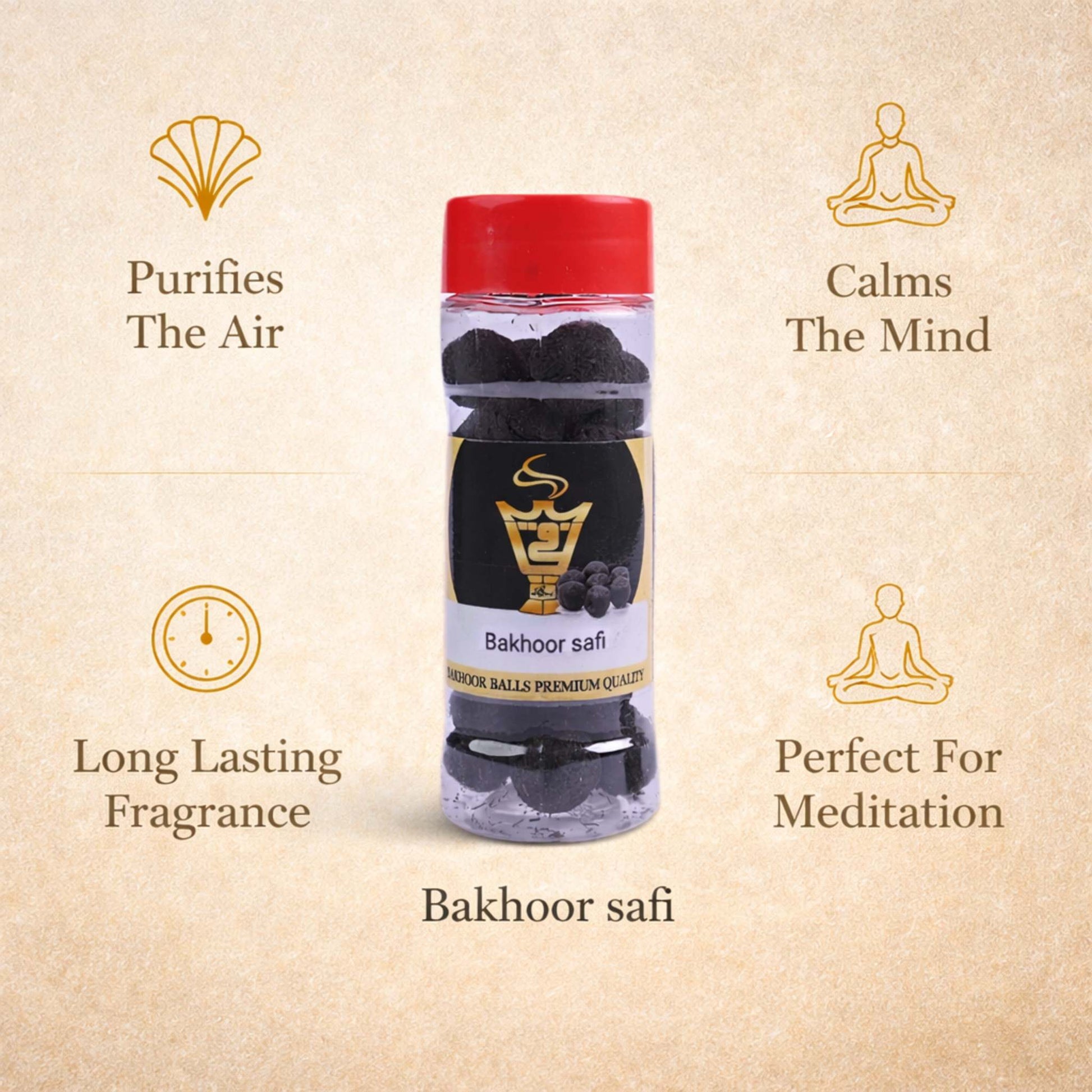 Bottle of Bakhoor safi with icons and text on a beige background