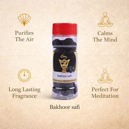 Bottle of Bakhoor safi with icons and text on a beige background