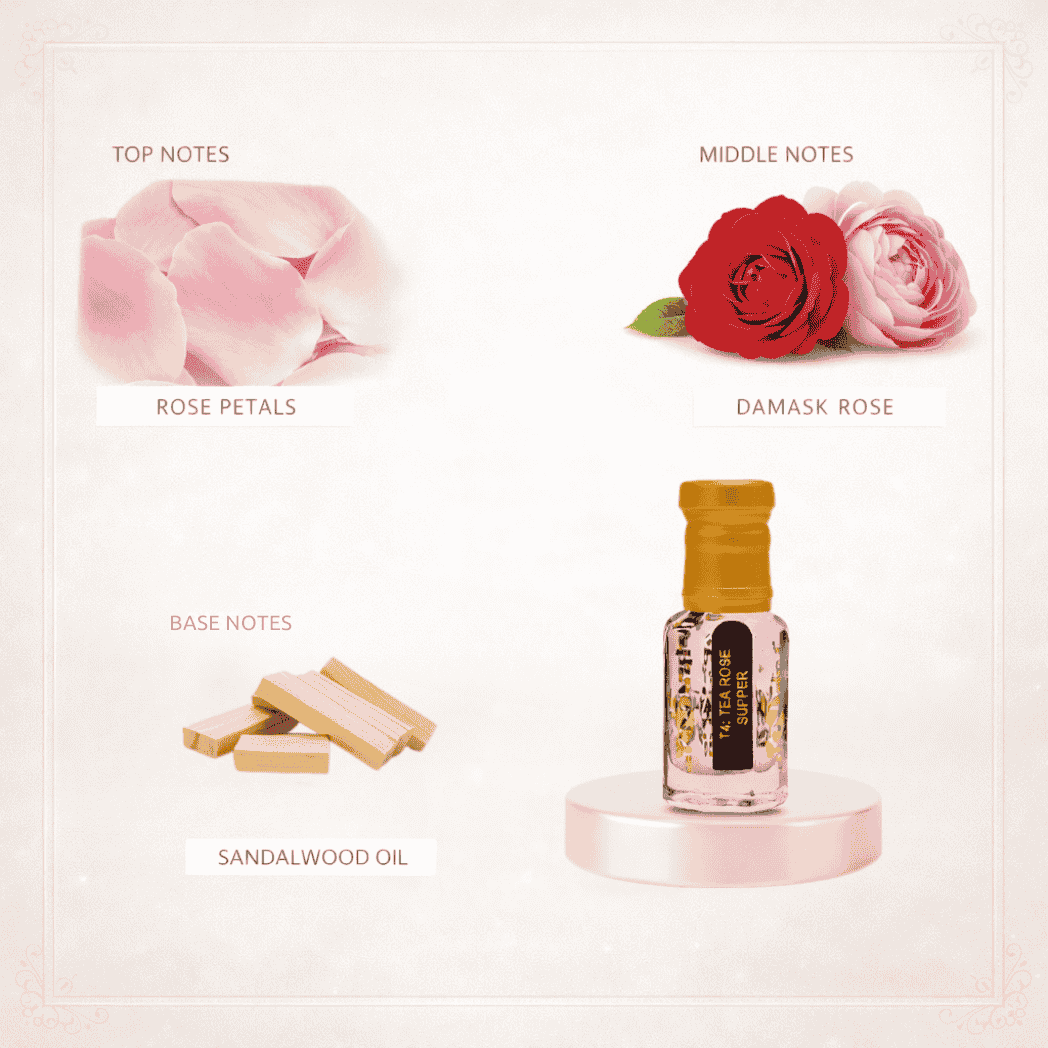 A timeless floral scent inspired by fresh tea roses – Tea Rose Attar.