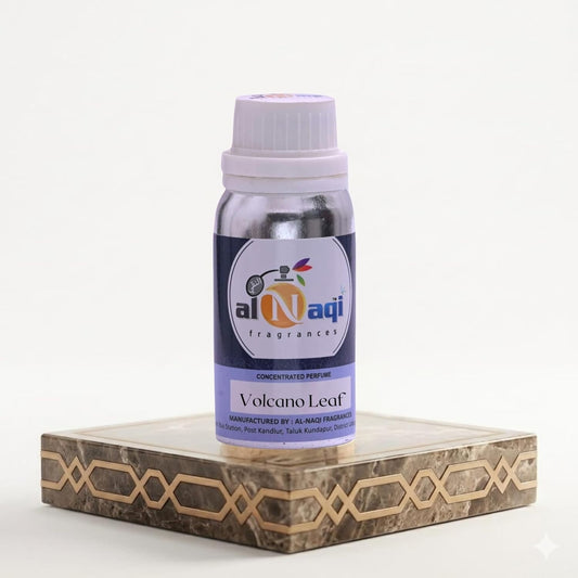 Bottle of 'Volcano Leaf' perfume by Al-Naqi on a decorative stand with a white background