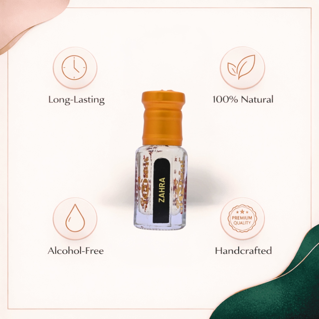Close-up view of the rich, floral liquid inside the Zahra Essence bottle.
