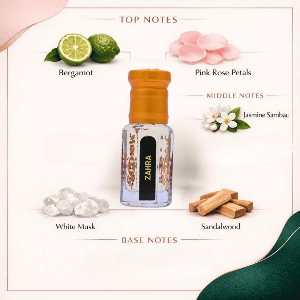 Luxurious glass container of Zahra Essence with refined packaging.
