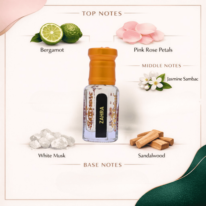 Luxurious glass container of Zahra Essence with refined packaging.
