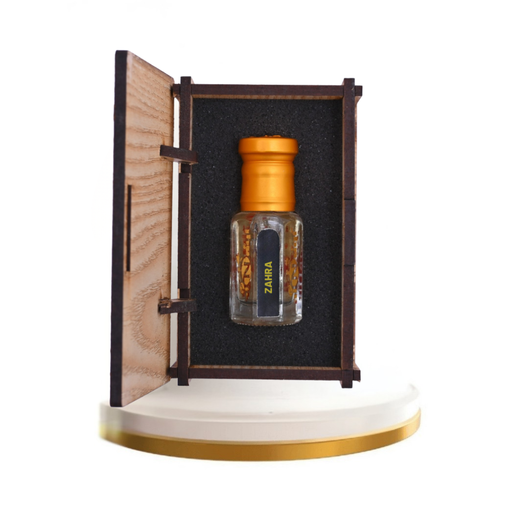 Elegant bottle of Zahra Essence showcasing intricate design details.
