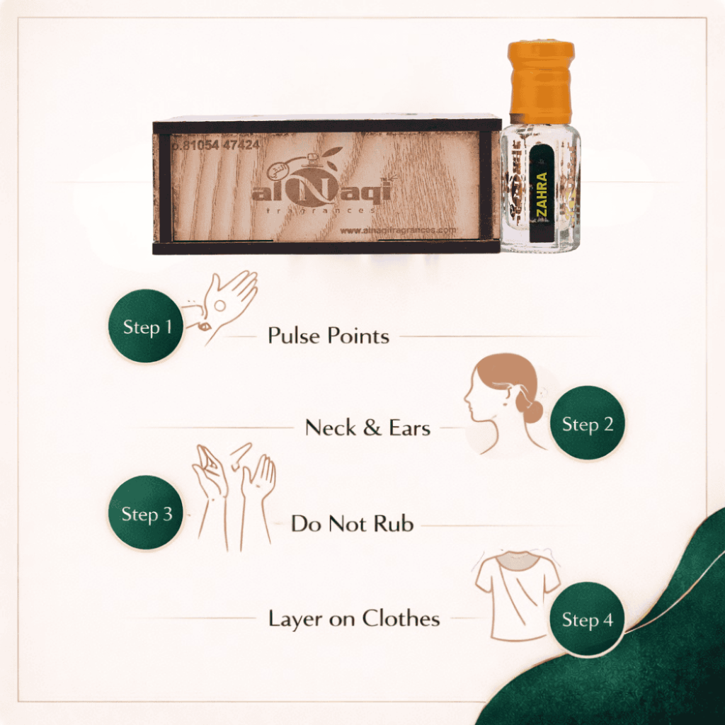 Stylish and modern Zahra Essence attar, emphasizing its premium quality