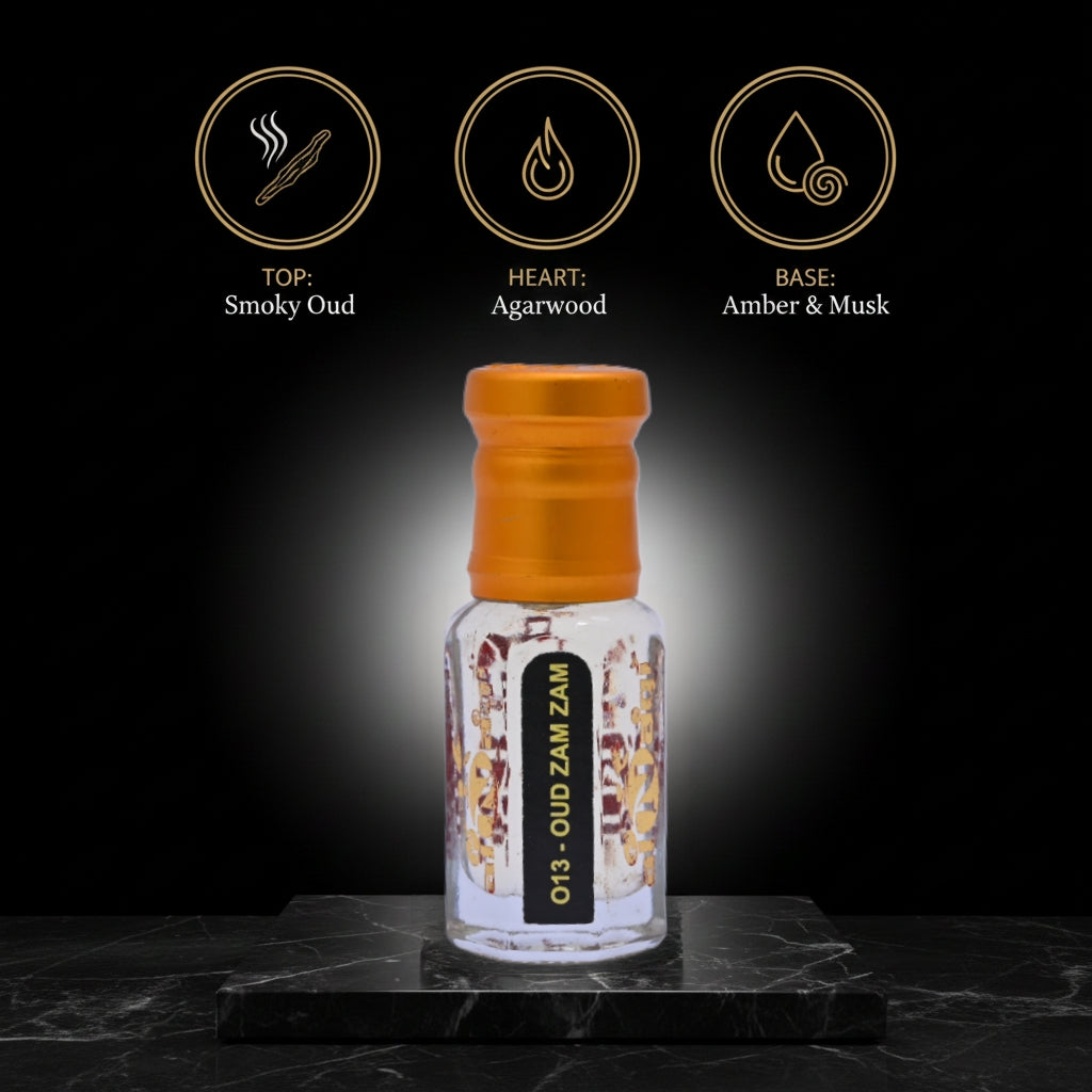 Bottle of Oud Zam Zam with fragrance notes on a dark background